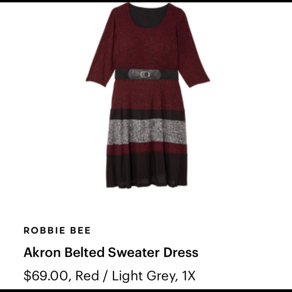 Robbie Bee - Akron Belted sweater dress 1X Burgundy black grey NWT